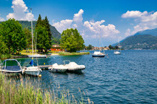 Moored Boats, Pella, Lake Orta, Verbania District, Piedmont, Italian Lakes, Italy