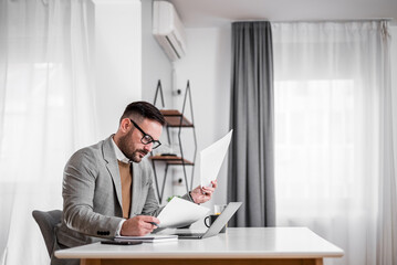 Wall Mural - Concentrated young adult businessman, reading documents in his office.