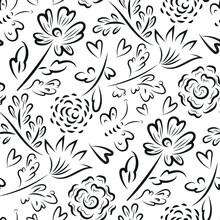 Boho Wild Meadow Flower. Butterfly, Heart Seamless Vector Pattern Background. Scattered Flowers,butterflies,hearts Monochrome Backdrop. Black White Painterly Brush Stroke Botanical Floral Design.