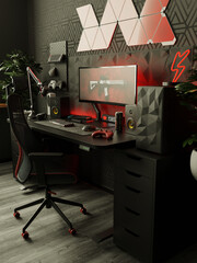 A general view of the comfortable workplace of a professional gamer and cybersprotsman. The interior is in dark colors. 3D render.