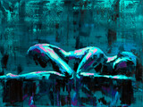 A naked girl lies in a fetal position against a dark background. Conceptual closeup of an oil painting and palette knife on canvas.