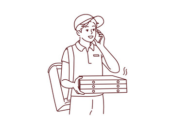 Happy young male deliveryman with pizza boxes calling client on cellphone. Smiling man courier deliver order to customer. Vector illustration.