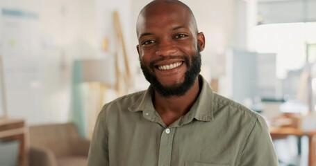 Tablet, office and business black man with digital marketing, company asset management and startup career. Commerce, technology and businessman entrepreneur, boss or manager in a work smile portrait