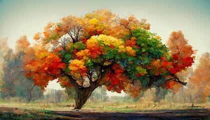 Wall Mural - Colorful autumn tree with red and yellow autumn leaves