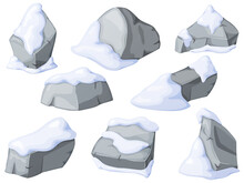 Gray Stones Or Rocks In Snow Set. Broken Cartoon Rocks And Snowdrifts. Cartoon Crags And Snowdrifts. Ice Age.