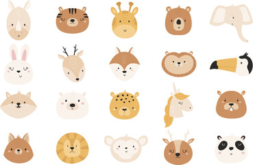 Wall Mural - Set of hand drawn animals bear, rabbit, unicorn, bear, lion