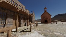 3D Animation Of A Western Ghost Town On A Sunny Day, Including Several Old West Artifacts And Church