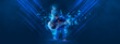 © Lustre Art Group  - Creative artwork. Men, professional martial arts athletes training over dark blue background with polygonal and fluid neon elements.
