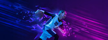 Creative Artwork. Teen Girl, Basketball Player In Motion Over Gradient Blue Purple Background With Polygonal And Fluid Neon Elements.