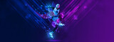 Creative artwork. Teen girl, basketball player in motion on gradient background with polygonal and fluid neon elements.