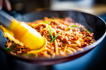 Cooked Italian spaghetti being put into hot bolognese sauce in the pan on kitchen