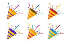 Party Popper Icons In Different Colors.Confetti Logo,congratulate And Celebrate Elements.Vector Party Poppers Set.Exploding Cracker Icon.