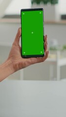 Wall Mural - Vertical video: Business woman browsing on internet using mock up green screen chroma key smartphone sitting at office desk. Freelancer swiping online information for social media project using