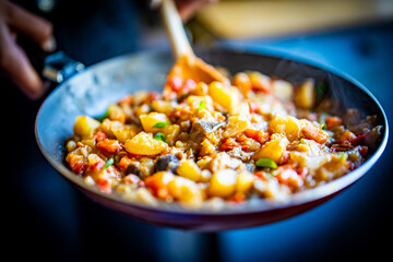 Woman cooking tasty vegetable stew in pan on kitchen