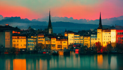 Wall Mural - Zurich evening cityscape beautiful sunset artwork