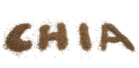 Canvas Print - Chia seeds arranged as a word 'chia seeds' isolated on white background.