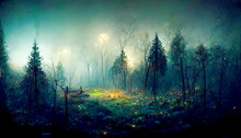 Night In The Forest With Dark Trees And A Road, Fireflies Under The Moonlight 3d Illustration