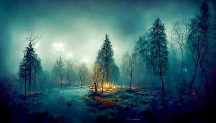 Wall Mural - Mystical forest scene at night as digital art