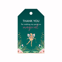 Birthday Thank You Tag. Beautiful Party Favor Card Background With Gold Sparkling Fairy Silhouette And Flowers. Vector 10 EPS.