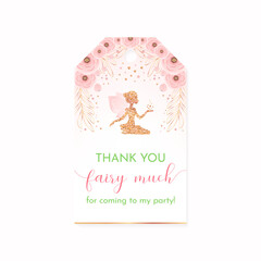 Wall Mural - Birthday Thank you tag. Beautiful party favor card background with gold sparkling fairy silhouette and flowers. Vector 10 EPS.