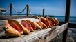 Line of conch shells on a pier in Eleuthera, Bahamas