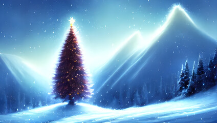 Wall Mural - a magical christmas tree with decoration stuck in the ground with gift's halfway up a snowy mountain - digital art