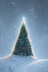 Wall Mural - a magical christmas tree with decoration stuck in the ground with gift's halfway up a snowy mountain - digital art