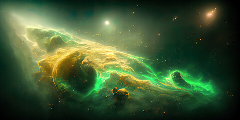 Green space nebula 3d render. Galaxy sky background. Fantasy abstract green texture of the universe. Dark cloud of cosmos. Constellation of stars. Outer space. Celestial starry milky way. Solar gas