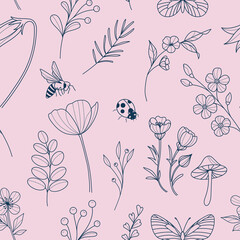 Poster - Nature pattern with line art illustration, pink and blue vector repeat