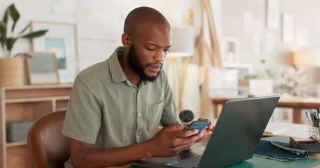 Poster - Laptop, smartphone and businessman with ecommerce communication, sales productivity and office multimedia technology for b2b networking. Startup fashion business black man reading email and working