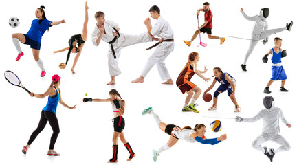 Sport collage of professional athletes or players on white background, flyer. Concept of motion, action, power, target and achievements, healthy, active