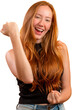 Overwhelmed excited smiling, happy redhead girl celebrating amazing news, achieve victory, winning competition, triumphing as become champion, gain goal or unexpected lucky event happened. PNG