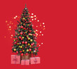 Christmas tree in a basket with gifts boxes against red background
