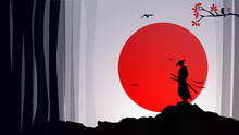 Silhouette Of A Samurai In The Night Background. Japanese Samurai Warrior With A Sword. Samurai With Red Moon Wallpaper. Red Moon. Japanese Theme Wallpaper.