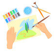 Drawing workshop icon. Hands painting watercolor landscape