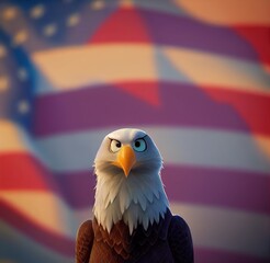 Wall Mural - 3D rendered American Bald Eagle with cute kawaii look like modern animation. Computer generated patriotic American bird. Official mascot of the United States