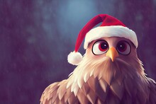 3D Rendered Eagle Wearing A Santa Hat For The 2022 Christmas Holiday Season. Traditional Santa Red And White Hat With Modern Kid-friendly Animation Style. Bright And Colorful Seasonal 2022 Special Ed