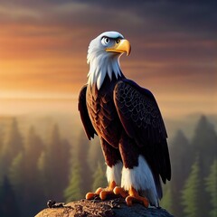 Wall Mural - 3D rendered American Bald Eagle with cute kawaii look like modern animation. Computer generated patriotic American bird. Official mascot of the United States