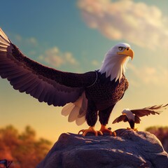 Wall Mural - 3D rendered American Bald Eagle with cute kawaii look like modern animation. Computer generated patriotic American bird. Right wing is out to symbolize the right-wing Conservative Republicans