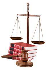 Wall Mural - Justice Scales and books and wooden gavel on table. Justice concept
