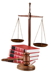 Sticker - Justice Scales and books and wooden gavel on table. Justice concept