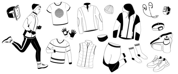 Wall Mural - man running and set elements about jogging in winter time, sportswear, stopwatch, sneakers, tracker, water bottle, headphones, winter hat, gloves.Linear vector illustration in black and white