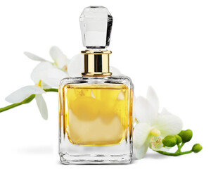 Wall Mural - Perfume bottle and flowers isolated on white background.