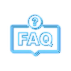 Sticker - Frequently asked questions FAQ banner. Neon icon. Computer with question icons. Vector illustration.