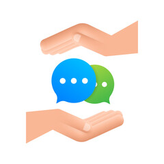 Aufkleber - Chat Message Bubbles icon hanging over hands on white background. Vector stock illustration.