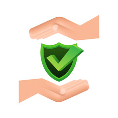 Sticker - Check mark hanging over hands. Green approved star sticker on white background. Vector stock illustration.