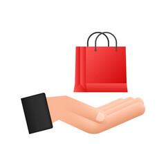 Poster - Online shopping e-commerce concept with online shopping and marketing icon. Hands holding shopping bags. Vector illustration.