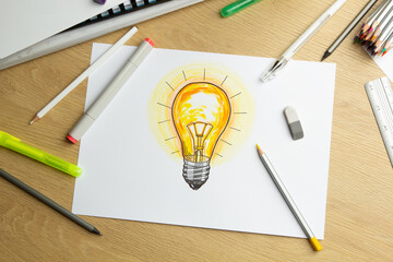 Lamp drawing. Idea and innovation concept. Inspiration