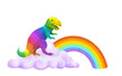 Funny dinosaur in clouds, rainbow. Cartoon fun cute dino for kids card design. Watercolor childish multicolored jurassic t rex animal. Fantastic prehistoric tyrannosaur water painting