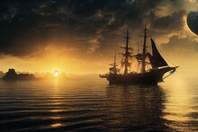A Pirate Ship In An Epic Dark Ocean With A Sunset